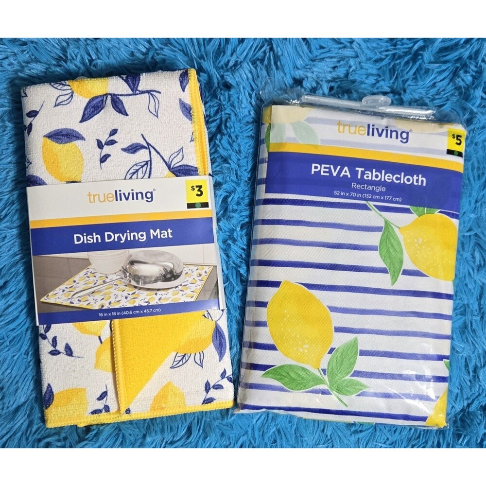Lemon Kitchen True Living 2pc Bundle- Dish Drying Mat & PEVA Tablecloth